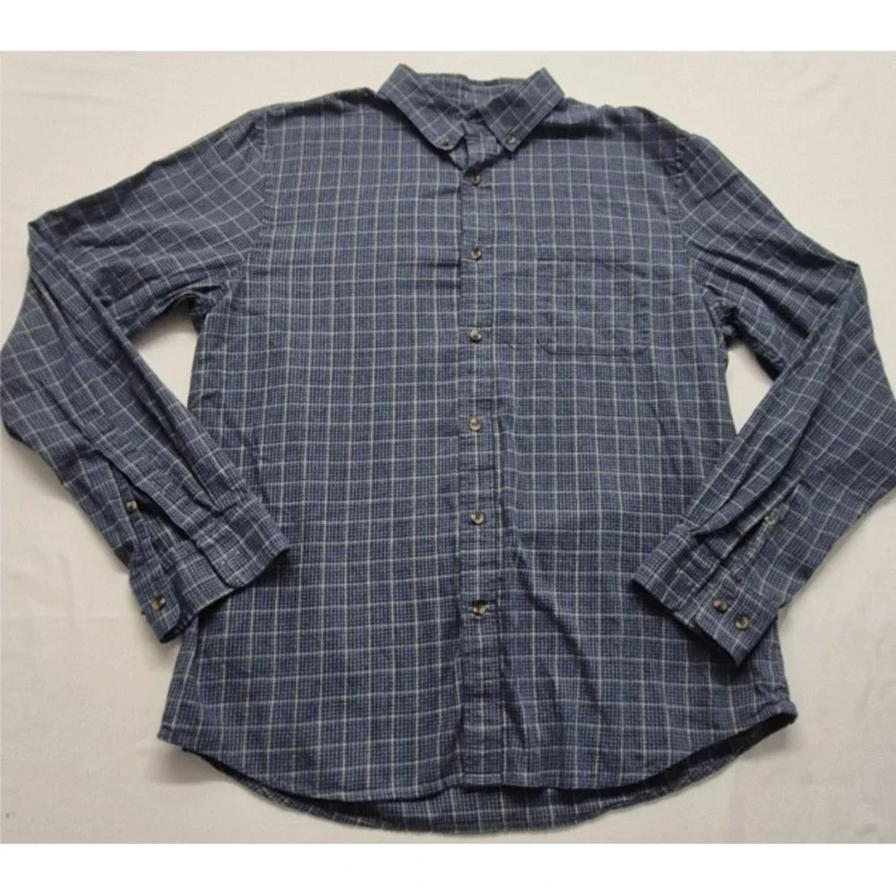 Banana‎ Republic men's blue plaid LS button up Untucked Fit shirt LG Cotton